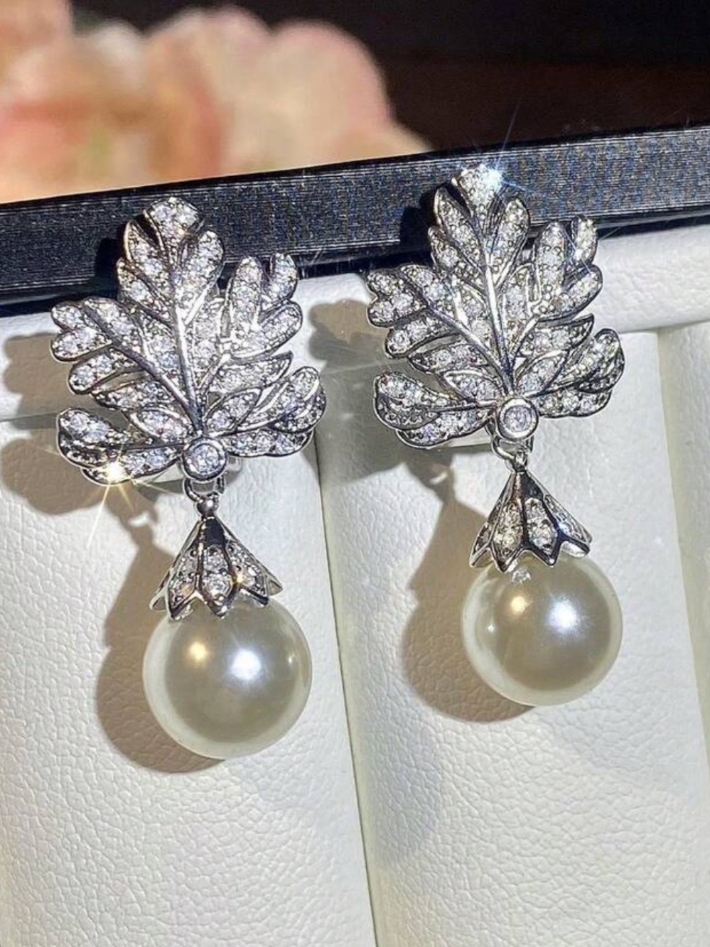 Classic Pearl Drop Leaf Earrings - Silver Tone
